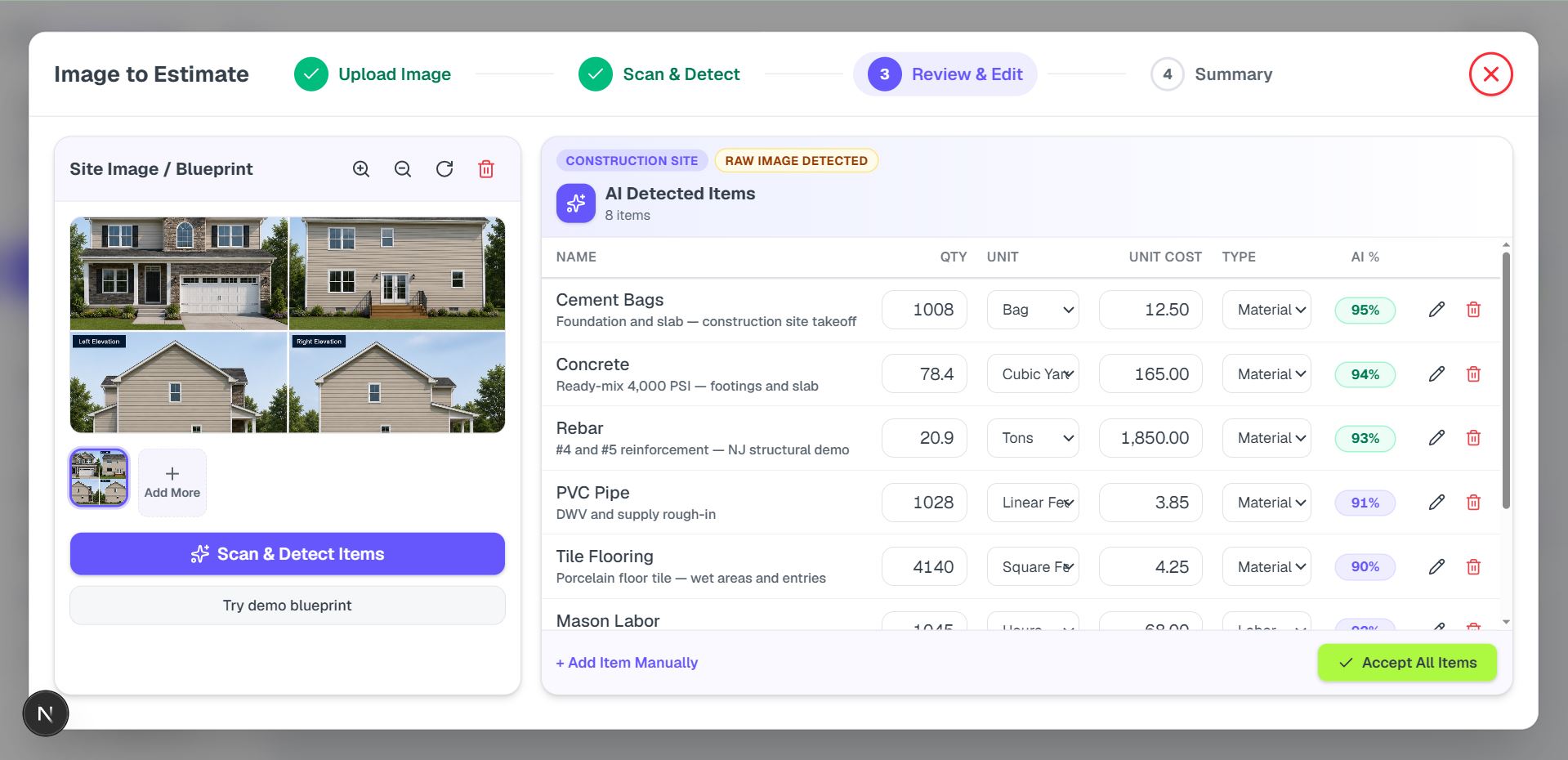 AI estimating grid preview