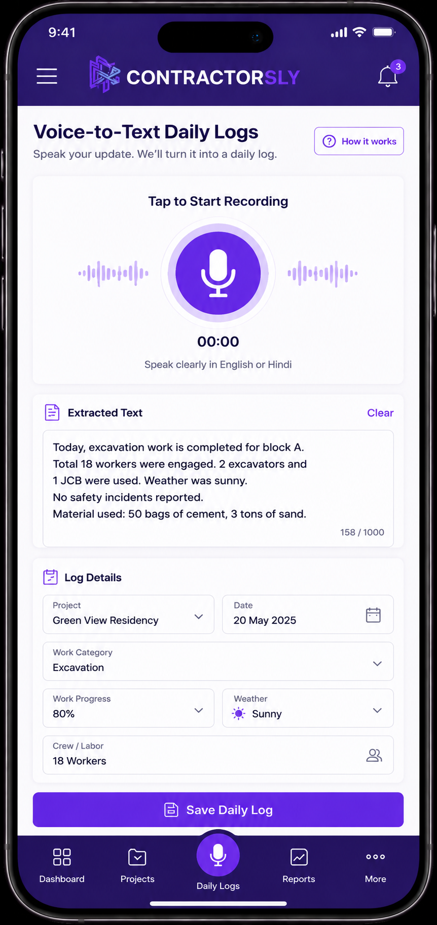 Voice log mobile screen preview